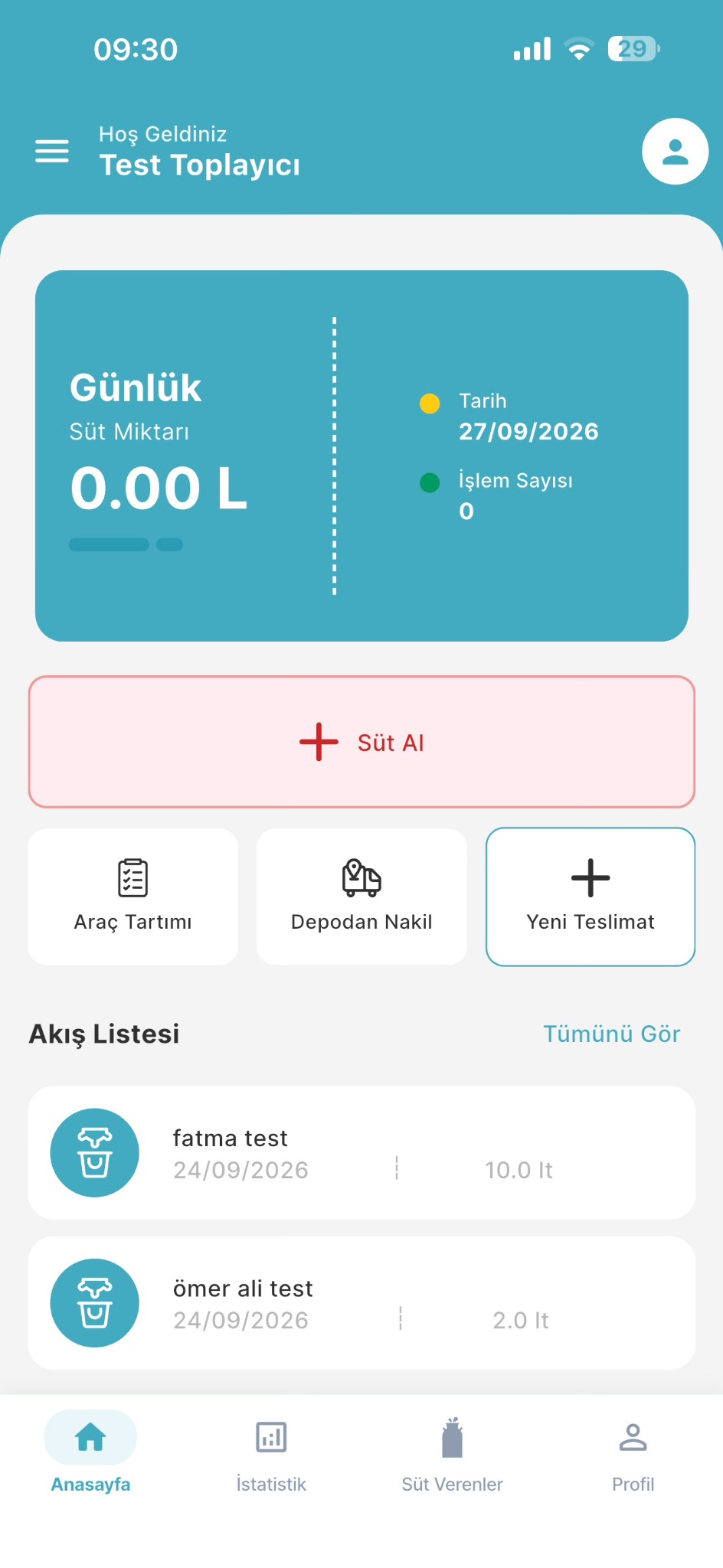 Sütçü Mobil süt toplayıcı uygulamasının ana ekranı
